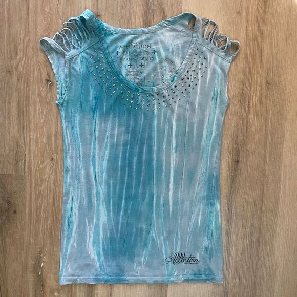 Affliction Thorn Series Women’s Small Blue Top Tshirt Embroidered Beaded Grunge - Picture 1 of 5